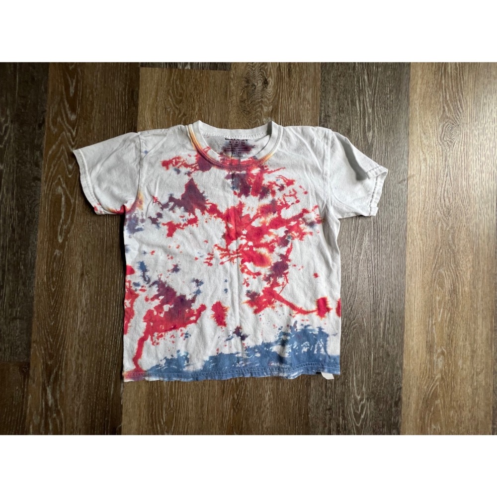 Gildan Tie Dye T-Shirt Youth Small White Red Blue Abstract Splatter Tee